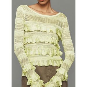 By Anthropologie Ruffle Open-Knit Sweater Lime Green Ruffle Sleeve Top Size XS